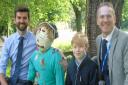 Jem Brereton, Head of Woodside School, Matthew Parslow-Williams, Head of Hethersett VC Primary school and Matthew Parslow-Williams’ son Noe had their photographs taken with Oscar – one of the scarecrows that will take their place on the village trail.