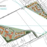 An indicative sketch of the proposed care village across two sites on the south-western edge of Hethersett. A care home and village hub are proposed on the western land parcel (accessed from Kett's Oak) and extra care bungalows on the northern land