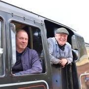 Stuart Robinson, steam train driver and Ricky Plummer, fireman, on Mid-Norfolk Railway