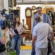 Richard Osman filming alongside antiques expert Natasha Raskin Sharp and Looses Emporium owner Patrick Wilshire