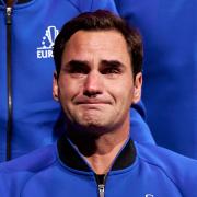 Roger Federer reacts after his final competitive match on day one of the Laver Cup at the O2 Arena, London